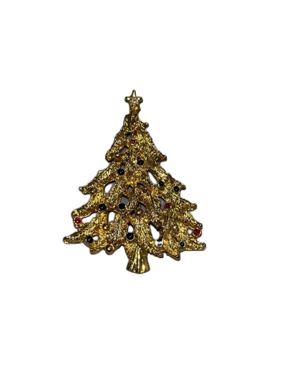 Vintage Gold-Tone Christmas Tree Brooch with Red & Black Accents